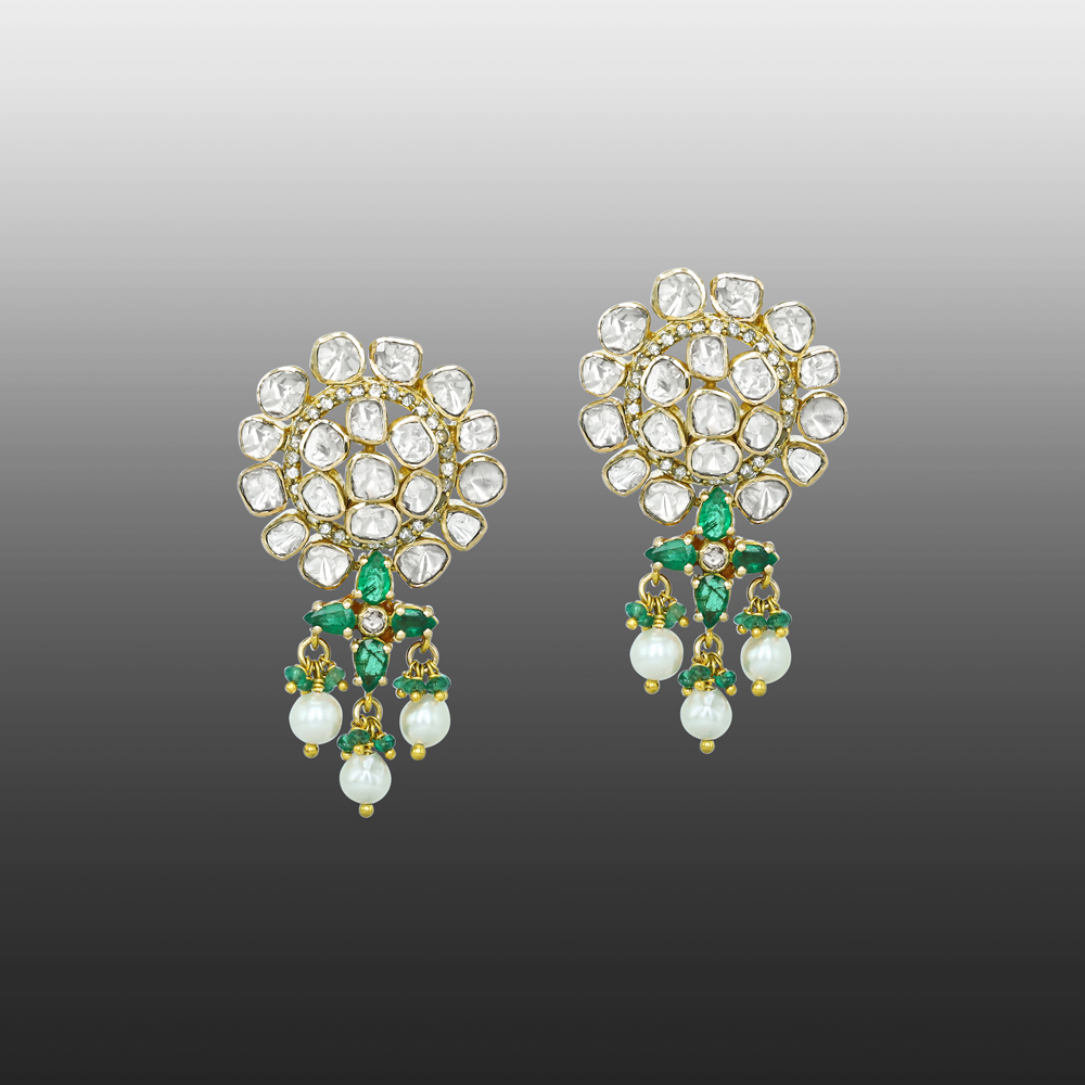 Floral Open Polki Earrings with Emerald and Pearl Drops